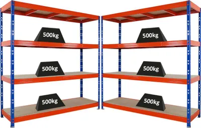 Produktbild von Mega Deal | 2x Profi Schwerlastregal Rhino | HxBxT 200x200x60cm | 4 Spanplatten-Ebenen 8mm | Fachlast 500kg | Blau-Orange