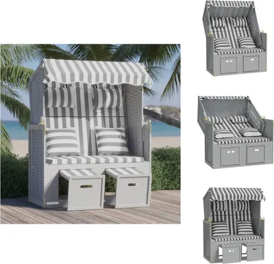 Produktbild von vidaXL Strandkorb mit Kissen Poly Rattan und Massivholz Grau & Weiß -  Sonnenliegen