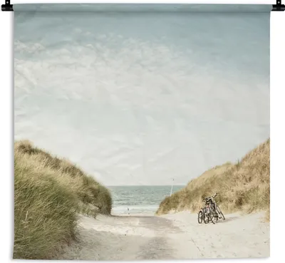 Produktbild von MuchoWow® Wandteppich Wandbehang Strand - Fahrrad - Wolken 150x150 cm Tapisserie Dekoration Wandtuch - Wohnaccessoires - Modernes