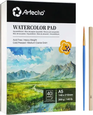Productafbeelding van Blok van 40 vellen aquarelpapier A5 met aquarelkwast en potlood, aquarelpapier 300 g/m², aquarelschetsboek voor schilderen, tekenen