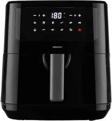 A black air fryer with a digital display and control panel.