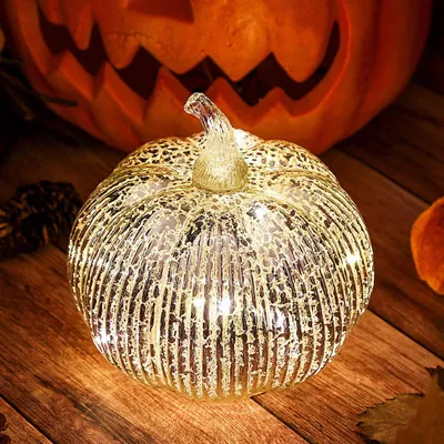 Leuchtkürbis aus Quecksilberglas mit Timer, 14 cm, Silber