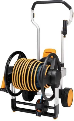 A garden hose reel cart on a white background.
