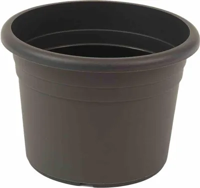A brown plastic plant pot is shown against a white background.