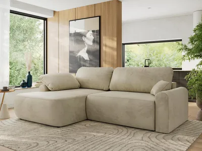 Produktbild von MKS MEBLE Ecksofa CUBO L-form, lose Kissen, Ecksofa 273x187x100 cm mit Schlaffunktion, Bettkasten - Beige Velvet - Links Seite