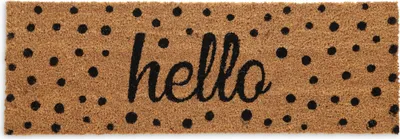 Immagine prodotto di Zerbino Relaxdays in fibra di cocco, scritta "Hello", a pois, 75 x 25 cm, antiscivolo, per interni ed esterni, color naturale/nero