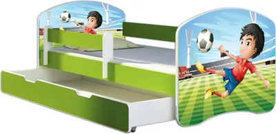 Produktbild von ACMA Jugendbett Kinderbett Junior-Bett Komplett-Set mit Matratze Lattenrost und Rausfallschutz Grün 13 Fußballer 140x70 + Bettkasten