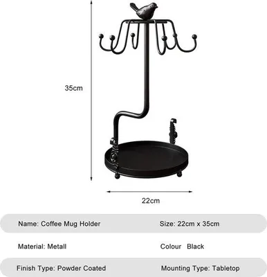 Produktbild von Kaffeebecherhalter für 6 Tassen, Kaffeebecherhalter mit 6 Haken und Aufbewahrungsbox, metallene Tassenhalter für die Küche, schwarz