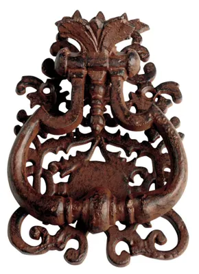 A decorative door knocker with an ornate, classical design.