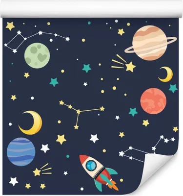 Produktbild von 10m VLIES TAPETE Rolle Kinderzimmer Kosmos Raketen Planeten Sterne XXL