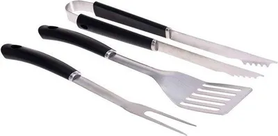 Produktbild von Famanu Grillbesteck Edelstahl - Gabel, Spatel, Zange mit Holzgriff