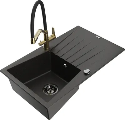 Produktbild von Mexen Cesar 1 Becken-Granitspüle mit Abtropffläche und Mischbatterie Duo, Schwarz/Gold metallisch - 6514-75-671701-57-B