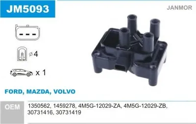 Produktbild von JANMOR JM5093 Zündspule für FORD Fiesta Mk6 Schrägheck (JA8, JR8) Fiesta Mk5 Schrägheck (JH1, JD1, JH3, JD3) MONDEO IV Turnier (BA7) Focus II Kombi