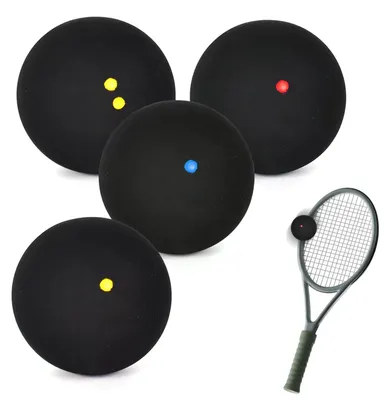 Productafbeelding van Squashballen Set van 4 - Hoge Stuiter - Dubbele Gele Stip - Enkele Rode/Blauwe Stip - Rubber - 38 mm Formaat - Squashball
