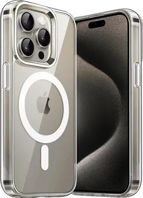 A clear protective case for an iPhone 15 Pro, featuring MagSafe compatibility, is shown against a white background.