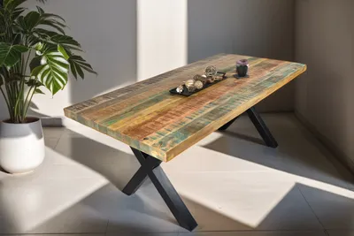 Produktbild von Refurbished Möbelretoure Esszimmertisch Mangoholz Bunt massiv X-Gestell schwarz Esstisch 160 x 85 cm LIBRO