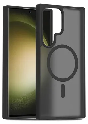 A black phone case with a magnetic ring is shown next to a smartphone.