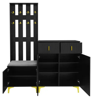 Produktbild von Garderobenständer Flurgarderobe - Kleiderständer mit Bank - Sitzkissen - Schuhregal - Holzrahmen - 60,5×180,5×35,2 cm - Schwarz 3