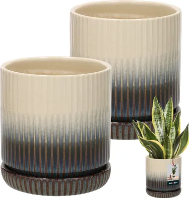 Produktbild von KOTARBAU® 2er Set Blumentopf mit Untersetzer Keramik glasiert Creme Braun Blau  ⌀ 13 cm  H: 13,5 cm Handmade Flower Pot Übertopf Keramik Topf mit Untersetzer Orchideentopf Keramik Blumentöpfe mit Untersetzer