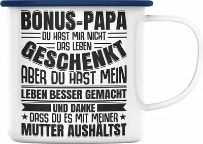 Produktbild von Trendation - Stiefvater Geschenk Emaille Tasse Vatertag Lustiger Spruch Bonus Geschenkidee Stiefpapa (Blau)