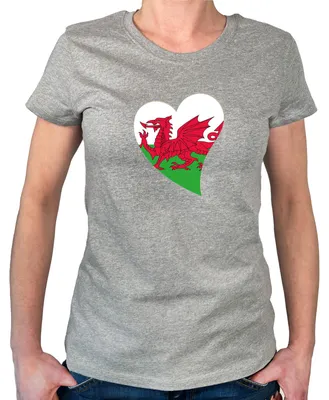 Produktbild von Huuraa Damen T-Shirt Wales Flagge Herz S Sport Grey Bio Baumwolle Fairtrade Damenshirt Geschenkidee
