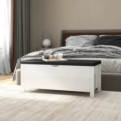 Image de Banc The Living Store avec rangement et coussins, blanc brillant, 105 x 40 x 45 cm