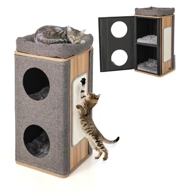 Productafbeelding van FANTASK, kattenhuis met 3 verdiepingen, kattenkooi, kattenhuis met krabplank en 3 kussens