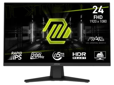 Produktbild von MSI MAG 244F, 23,8", 0,5 ms, 200 Hz, Rapid IPS, 1920x1080 (FHD), 16:9, AMD FreeSync Premium, 96% DCI-P3, AG, HDR Ready, 300 Nits, 1000:1, DCR 100M:1, DP(1.2a), HDMI 2.0b, Neigung, VESA, schwarz, 2,9 kg
