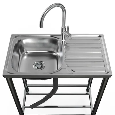 Imagen del producto de Mesa de trabajo de acero inoxidable independiente, con lavabo y grifo, ideal para uso en exteriores, hostelería, campings y garajes