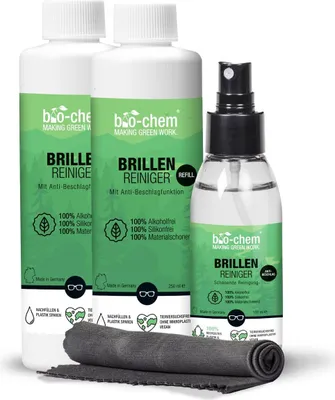 Produktbild von bio-chem Brillenreiniger mit ANTI-BESCHLAG-Funktion, Schutz vor beschlagenen Brillen, Anti-Fog-Spray, 100 ml Sprayflasche + 2x 250 ml Nachfüllflasche (600 ml) + Premium Mikrofasertuch/Brillenputztuch