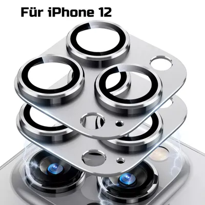 A close-up, layered view of camera lens protectors for an iPhone 12, with the phone's camera lenses visible underneath.