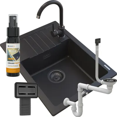 Produktbild von Granitan - Granitspüle - Küchenspüle - Spüle 62x44 cm - Schwarz - mit Armatur und Abtropffläche - ARGOS