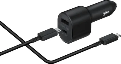 A black Samsung car charger with two USB ports and a USB-C cable plugged into one of the ports.