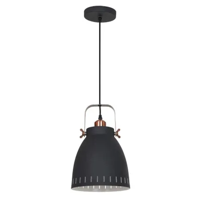 A black pendant light with copper accents is shown against a white background.