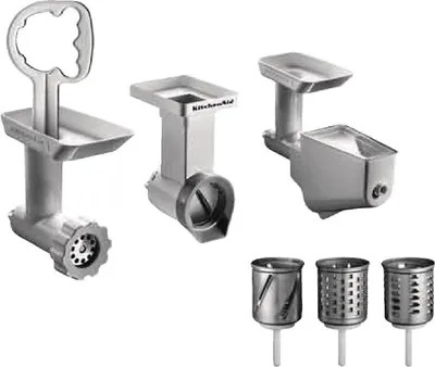 A collection of KitchenAid food grinder and shredder attachments.