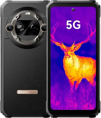 A Blackview BL9000Pro 5G AI Smartphone is shown from the back and front. The front screen displays a thermal image of a deer with the text '5G' overlaid.