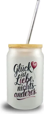 Produktbild von Glück ist Liebe Trinkglas mit Bambusdeckel Herz Luftballon