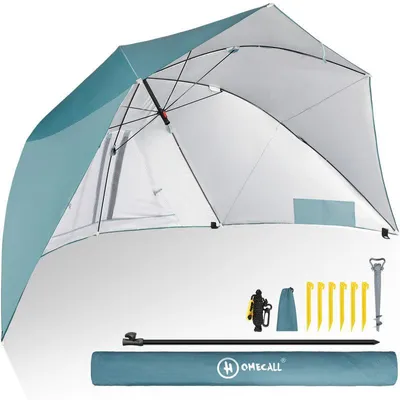 Produktbild von Strandmuschel mit Sonnenschirm – 3-in-1 Sonnenschutz, Windschutz und Strandschirm, blau-grün