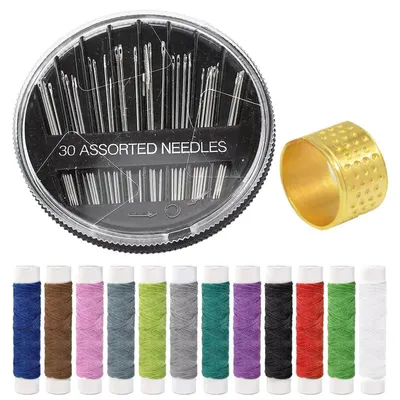 Produktbild von Nähnadel Set mit 30 Nadeln, 12 Garnrollen und Fingerhut | Edelstahl | Für Handarbeit & DIY