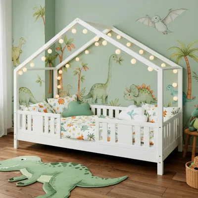 Produktbild von MEBLE WRÓBEL Kinderbett 80x190 cm – Bett mit Rausfallschutz & Lattenrost - Hausbett aus Kiefer Weiß - Kleinkindbett für Jungen & Mädchen - Standhöhe 10 cm