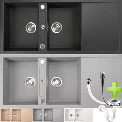 Produktbild von Doppel Becken Küchenspüle 2 Becken Spüle Granitspüle Schwarz  Küchenspüle Granit Siphon Einbauspüle Spüle ,SQ 1160x510-Schwarz-Doppel
