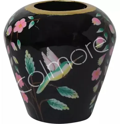 Productafbeelding van Handgeschilderde vaas met bloemmotief, zwart emaille, afmetingen 20x20x20 cm