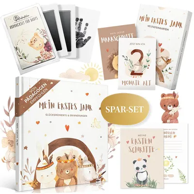 Produktbild von EULENTALER® Babyalbum mein erstes Jahr Set I 3er Set : Babytagebuch erstes Jahr, 48 Meilensteinkarten & Baby Abdruck Set