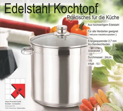 Produktbild von Edelstahl Universal Kochtopf Topf 10Ltr. Glasdeckel und Dampfabzug 1120