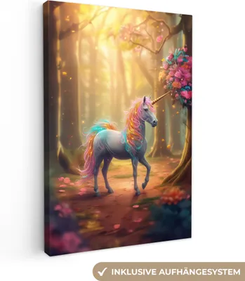 Produktbild von MuchoWow® - Leinwandbilder - Einhorn - Wald - Bunt - Blumen - Mädchen, Wandbild, Wanddeko Bilder Wohnzimmer, 80x120 cm