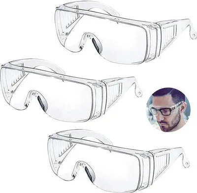 Obrázok produktu pre Ochranné okuliare pre nositeľov dioptrických okuliarov, odolné proti poškriabaniu, s UV ochranou, s jasným výhľadom, unisex, priehľadné, balenie po 3 kusoch.