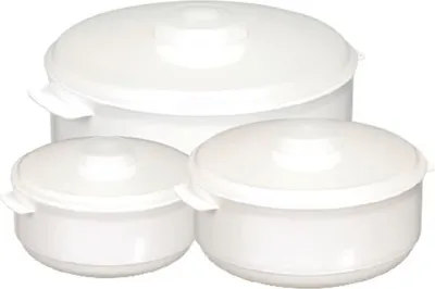 Three white plastic bowls with lids are arranged in a group against a white background.