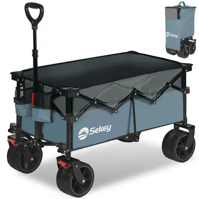 Produktbild von Sekey 150 KG Bollerwagen Faltbar Handwagen mit Bremsen und breiten Reifen, Blau