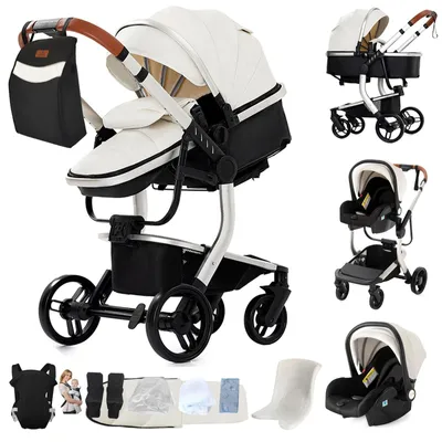 Image de Poussette 3-en-1 avec poignée en cuir et design léger et pliable