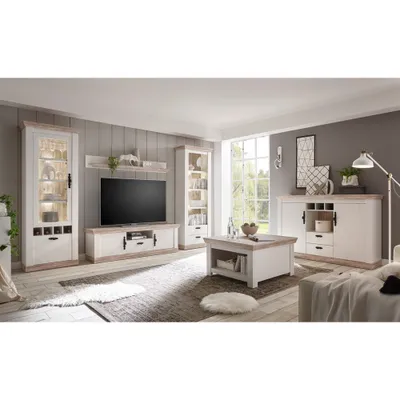 Produktbild von Landhaus Wohnwand inkl. Couchtisch & Sideboard FERNA-61 in Pinie weiß und Oslo dunkel Nb. B x H x T ca.: 318 x 201 x 44 cm